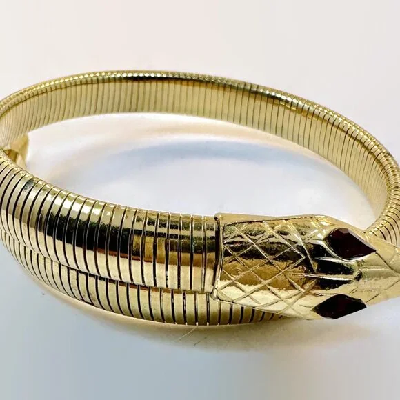 Snake Bracelet, Upper Arm, Gold Tone, Glass Eyes, Red, Vintage, Chunky, Unique - Picture 3 of 6